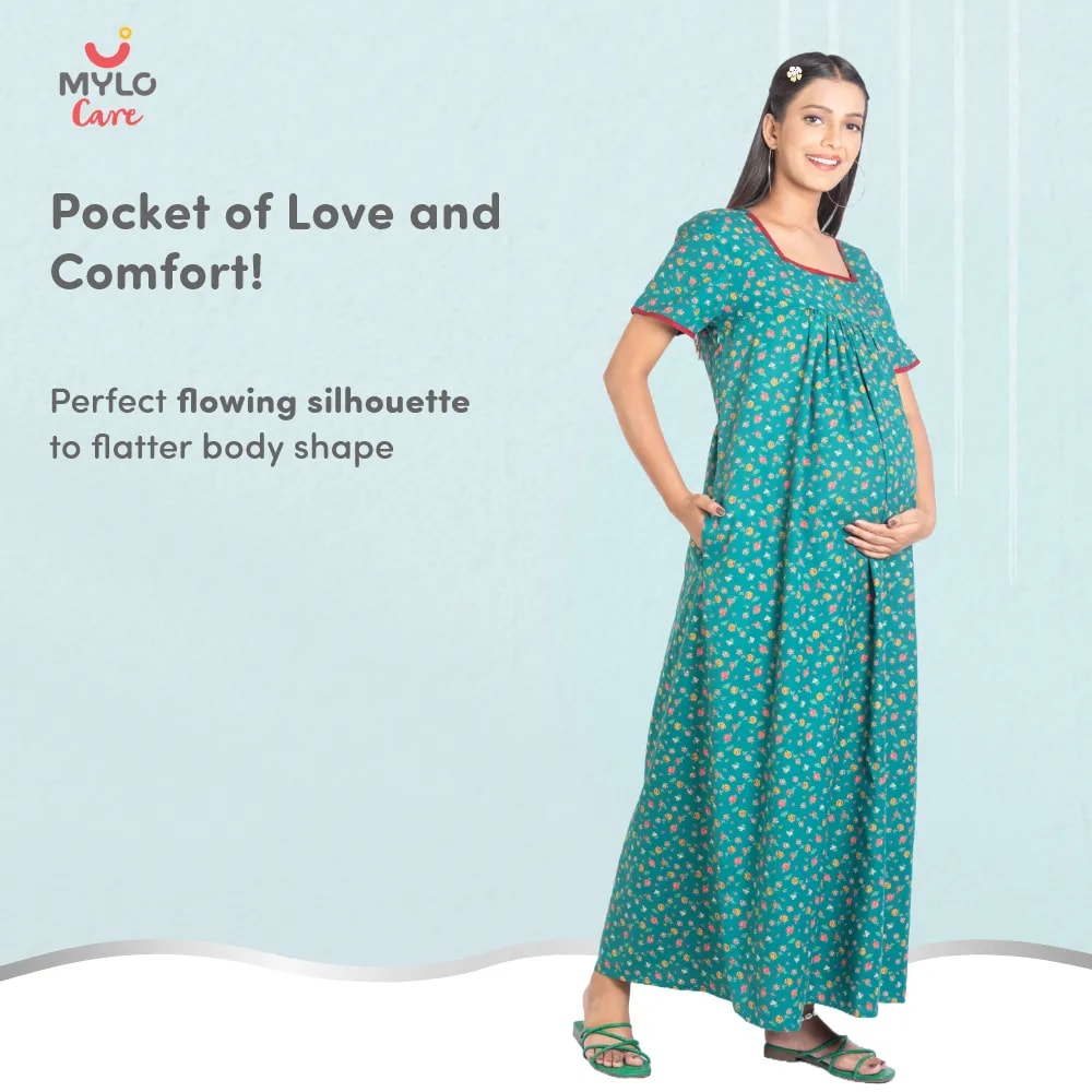 Maternity Dresses For Women with Both Side Zipper For Easy Feeding | Adjustable Belt for Growing Belly | Maxi Nighty Dress | Liberty Green | XXL