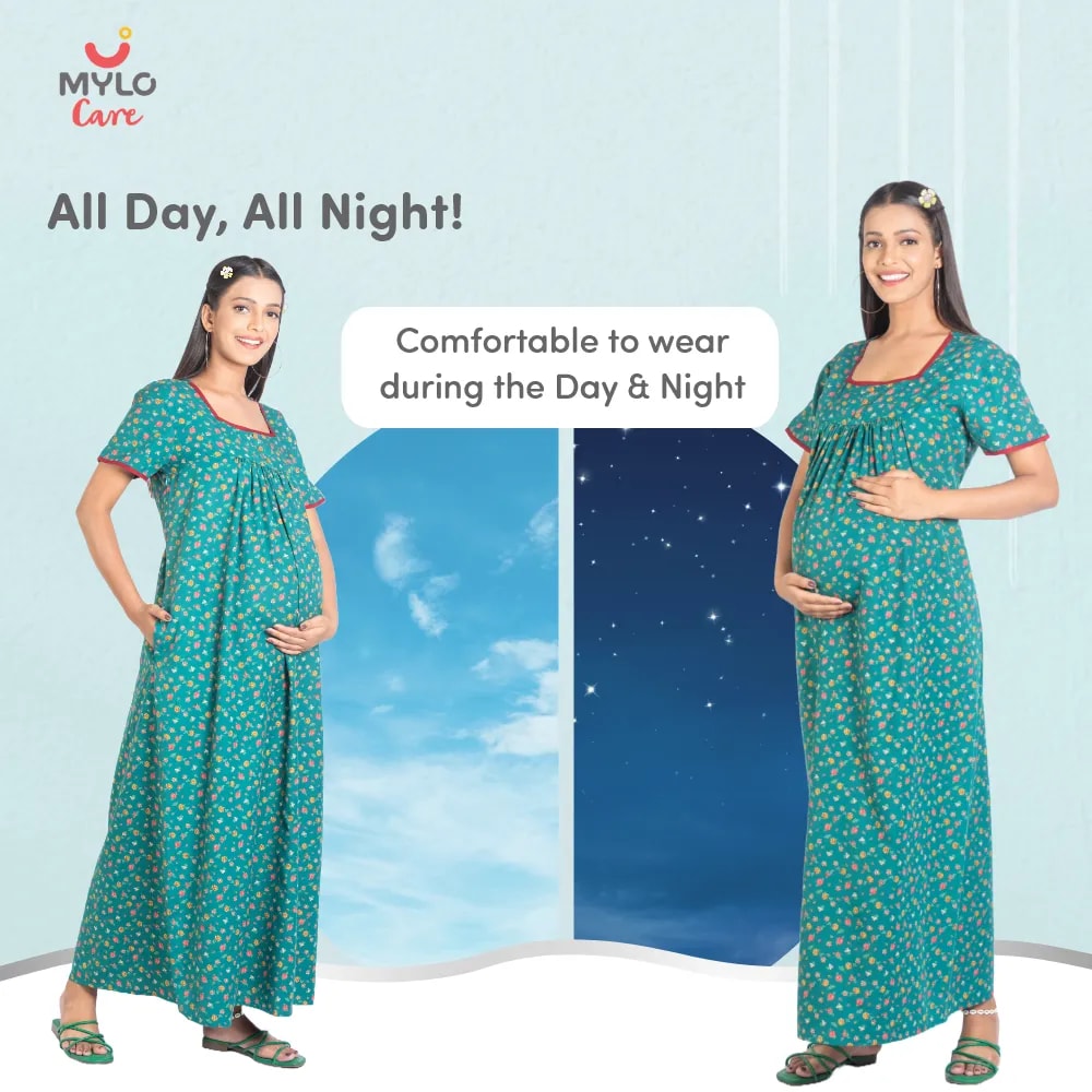 Maternity Dresses For Women with Both Side Zipper For Easy Feeding | Adjustable Belt for Growing Belly | Maxi Nighty Dress | Liberty Green | XXL