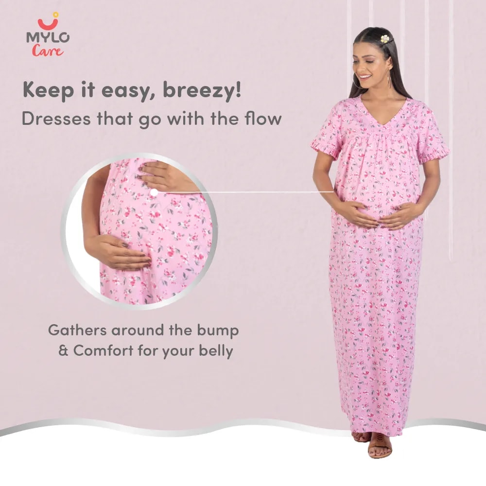 Maternity Dresses For Women with Both Side Zipper For Easy Feeding | Adjustable Belt for Growing Belly | Maxi Nighty Dress | Pink Peony | M