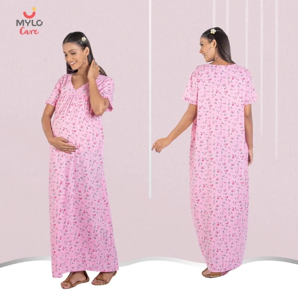Maternity Dresses For Women with Both Side Zipper For Easy Feeding | Adjustable Belt for Growing Belly | Maxi Nighty Dress | Pink Peony | XL