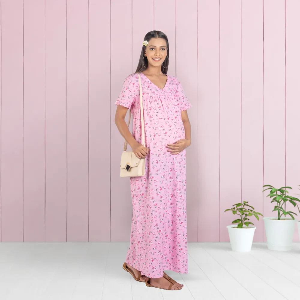 Maternity Dresses For Women with Both Side Zipper For Easy Feeding | Adjustable Belt for Growing Belly | Maxi Nighty Dress | Pink Peony | XXL