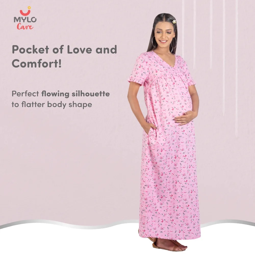 Maternity Dresses For Women with Both Side Zipper For Easy Feeding | Adjustable Belt for Growing Belly | Maxi Nighty Dress | Pink Peony | XXL