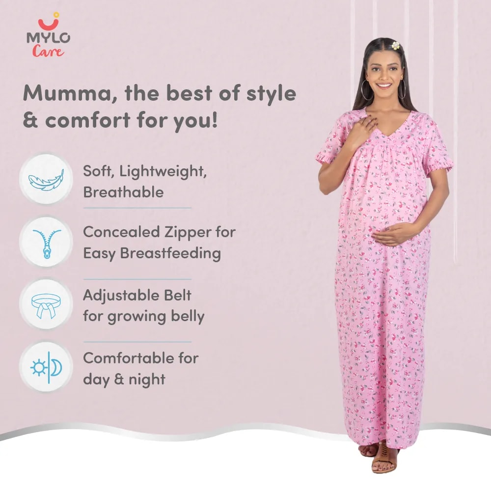 Maternity Dresses For Women with Both Side Zipper For Easy Feeding | Adjustable Belt for Growing Belly | Maxi Nighty Dress | Pink Peony | XXL