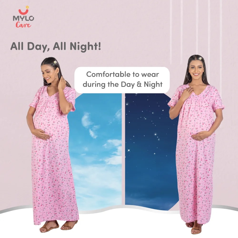 Maternity Dresses For Women with Both Side Zipper For Easy Feeding | Adjustable Belt for Growing Belly | Maxi Nighty Dress | Pink Peony | XXL