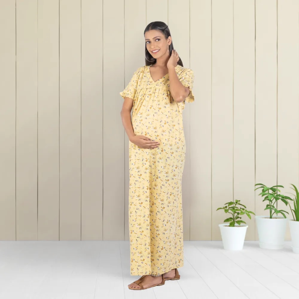 Maternity Dresses For Women with Both Side Zipper For Easy Feeding | Adjustable Belt for Growing Belly | Maxi Nighty Dress | Yellow Peony | M