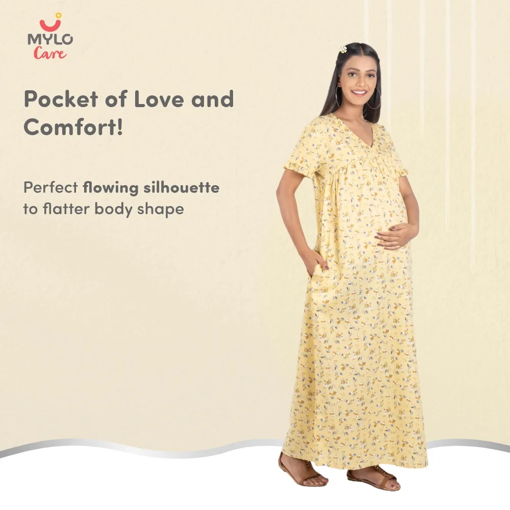 Maternity Dresses For Women with Both Side Zipper For Easy Feeding | Adjustable Belt for Growing Belly | Maxi Nighty Dress | Yellow Peony | M
