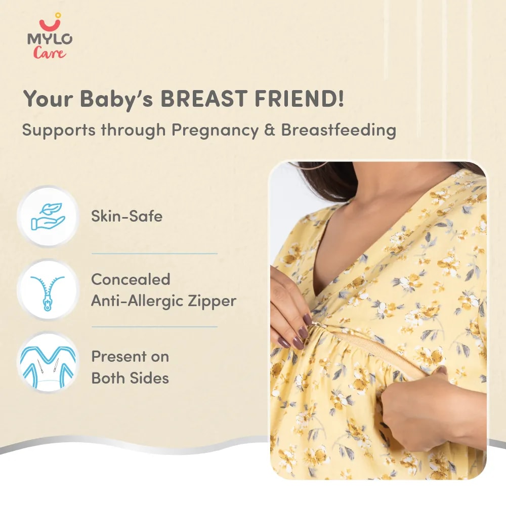 Maternity Dresses For Women with Both Side Zipper For Easy Feeding | Adjustable Belt for Growing Belly | Maxi Nighty Dress | Yellow Peony | M