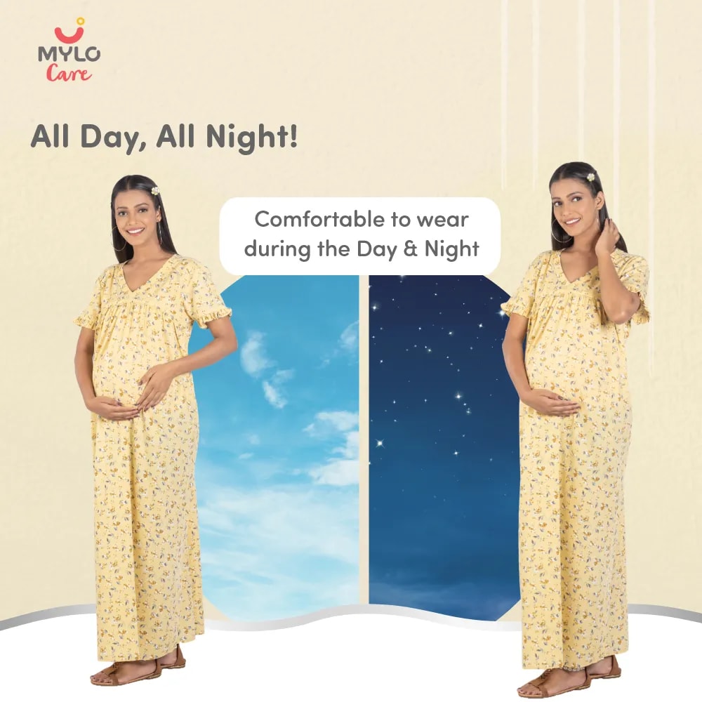 Maternity Dresses For Women with Both Side Zipper For Easy Feeding | Adjustable Belt for Growing Belly | Maxi Nighty Dress | Yellow Peony | M