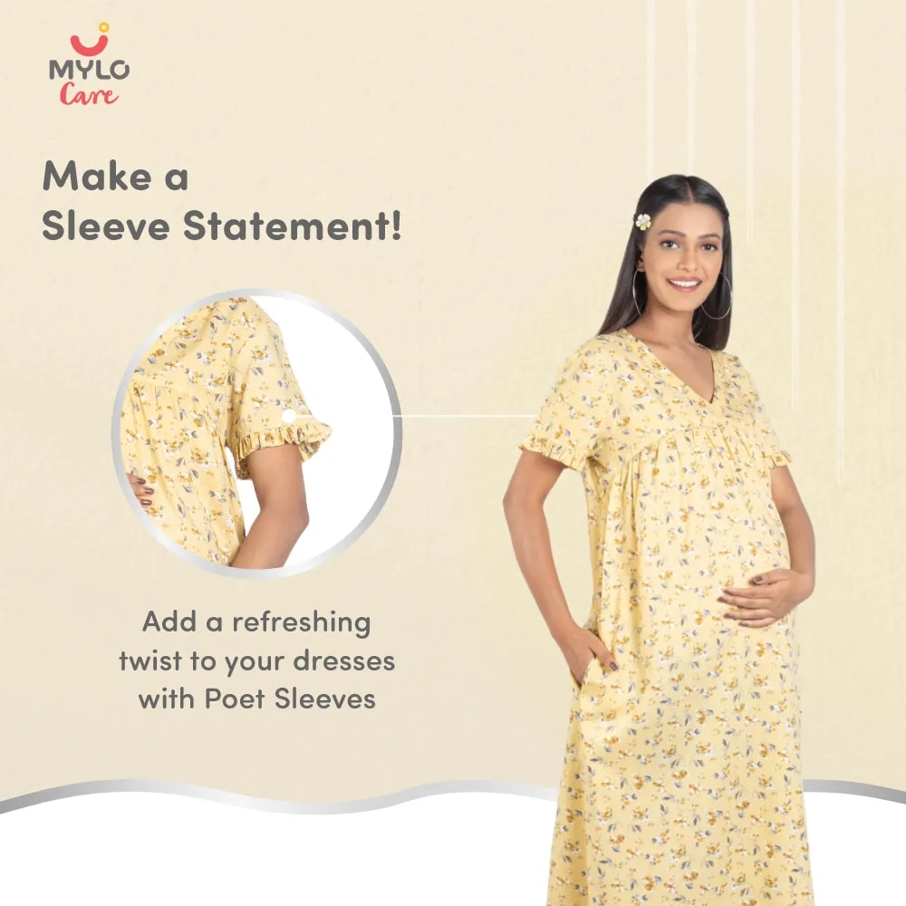 Maternity Dresses For Women with Both Side Zipper For Easy Feeding | Adjustable Belt for Growing Belly | Maxi Nighty Dress | Yellow Peony | M
