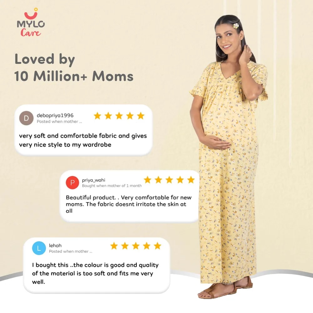 Maternity Dresses For Women with Both Side Zipper For Easy Feeding | Adjustable Belt for Growing Belly | Maxi Nighty Dress | Yellow Peony | XL