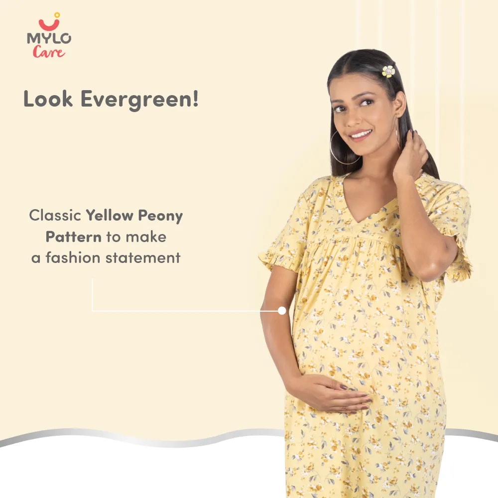 Maternity Dresses For Women with Both Side Zipper For Easy Feeding | Adjustable Belt for Growing Belly | Maxi Nighty Dress | Yellow Peony | XL