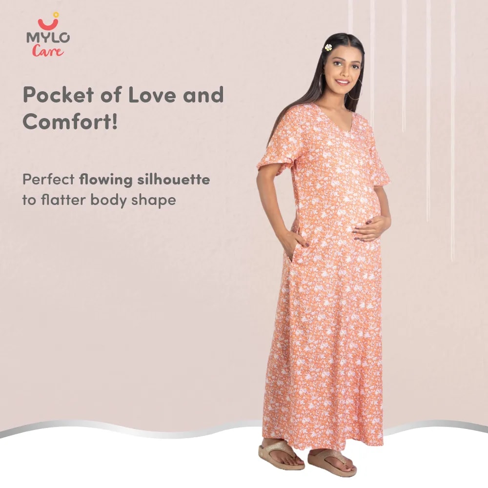 Maternity Dresses For Women with Both Side Zipper For Easy Feeding | Adjustable Belt for Growing Belly | Maxi Nighty Dress | Orange Rose | M