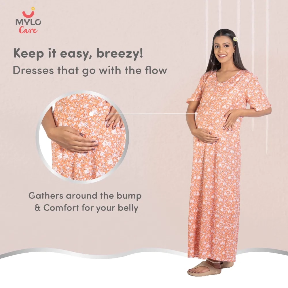 Maternity Dresses For Women with Both Side Zipper For Easy Feeding | Adjustable Belt for Growing Belly | Maxi Nighty Dress | Orange Rose | M