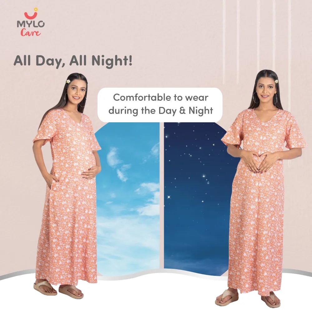 Maternity Dresses For Women with Both Side Zipper For Easy Feeding | Adjustable Belt for Growing Belly | Maxi Nighty Dress | Orange Rose | M