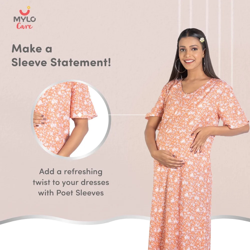 Maternity Dresses For Women with Both Side Zipper For Easy Feeding | Adjustable Belt for Growing Belly | Maxi Nighty Dress | Orange Rose | M