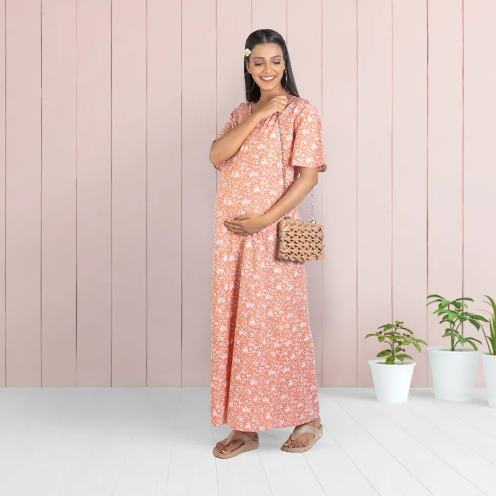 Maternity Dresses For Women with Both Side Zipper For Easy Feeding | Adjustable Belt for Growing Belly | Maxi Nighty Dress | Orange Rose | XL