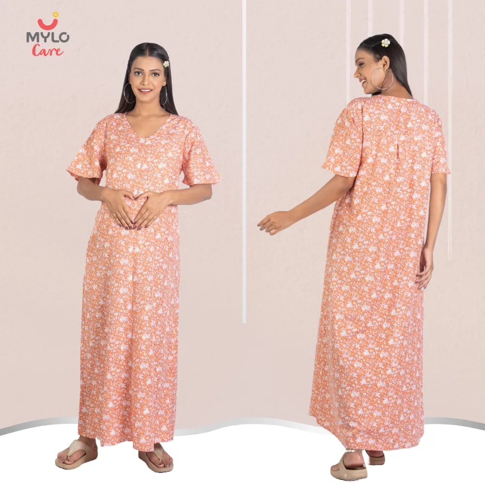 Maternity Dresses For Women with Both Side Zipper For Easy Feeding | Adjustable Belt for Growing Belly | Maxi Nighty Dress | Orange Rose | XL