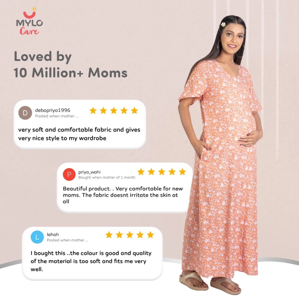 Maternity Dresses For Women with Both Side Zipper For Easy Feeding | Adjustable Belt for Growing Belly | Maxi Nighty Dress | Orange Rose | XXL