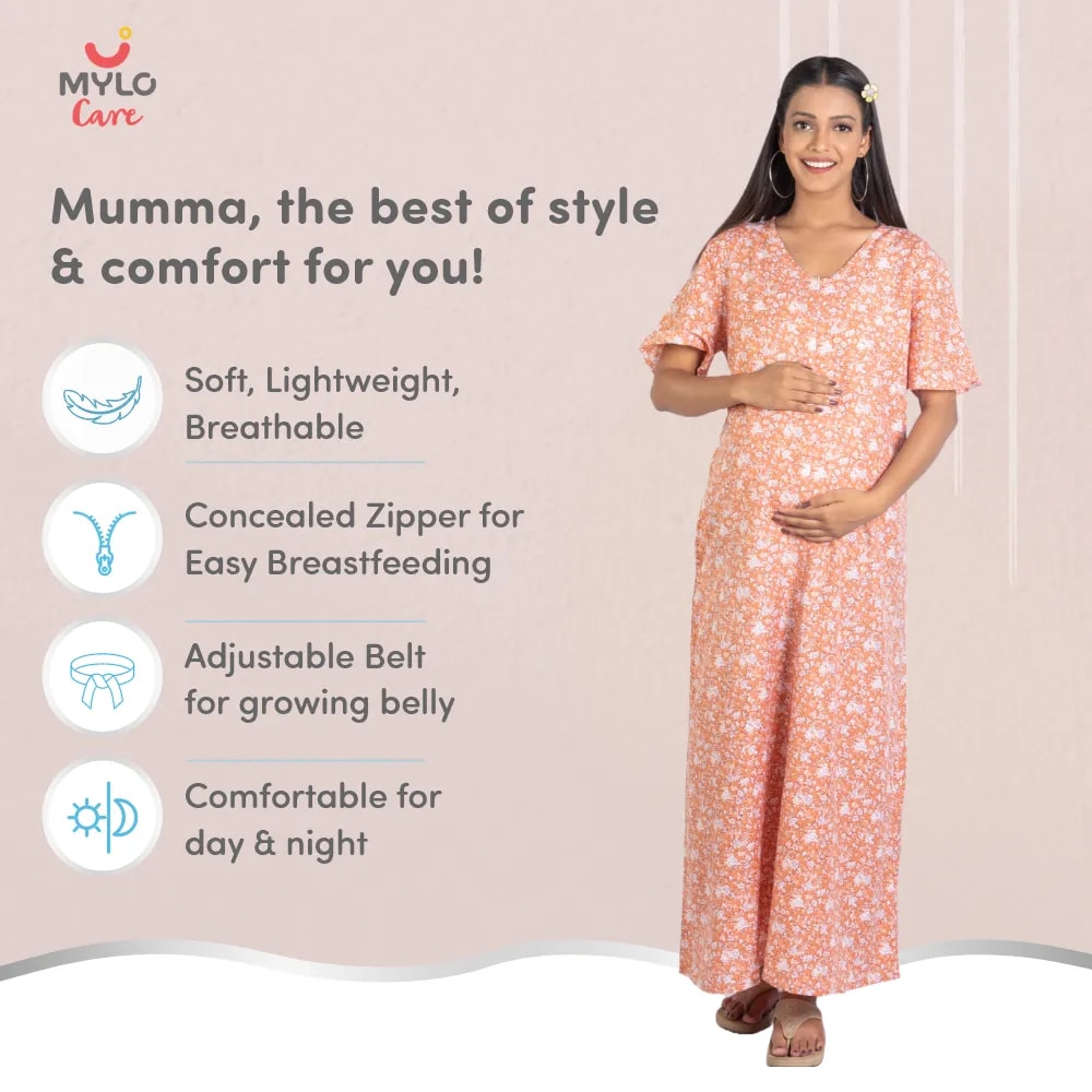 Maternity Dresses For Women with Both Side Zipper For Easy Feeding | Adjustable Belt for Growing Belly | Maxi Nighty Dress | Orange Rose | XXL