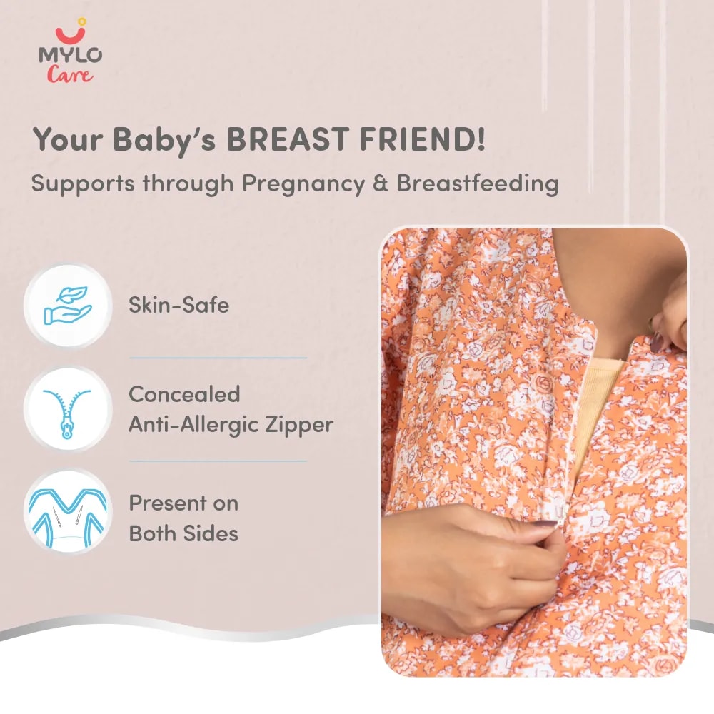 Maternity Dresses For Women with Both Side Zipper For Easy Feeding | Adjustable Belt for Growing Belly | Maxi Nighty Dress | Orange Rose | XXL