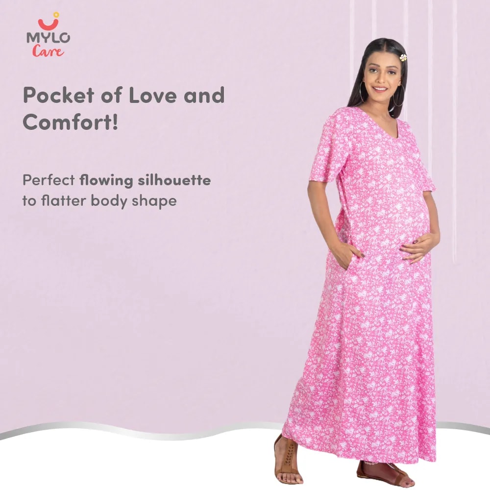 Maternity Dresses For Women with Both Side Zipper For Easy Feeding | Adjustable Belt for Growing Belly | Maxi Nighty Dress | Pink Rose | M