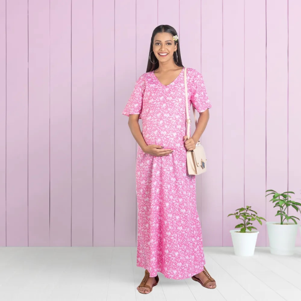 Maternity Dresses For Women with Both Side Zipper For Easy Feeding | Adjustable Belt for Growing Belly | Maxi Nighty Dress | Pink Rose | XL