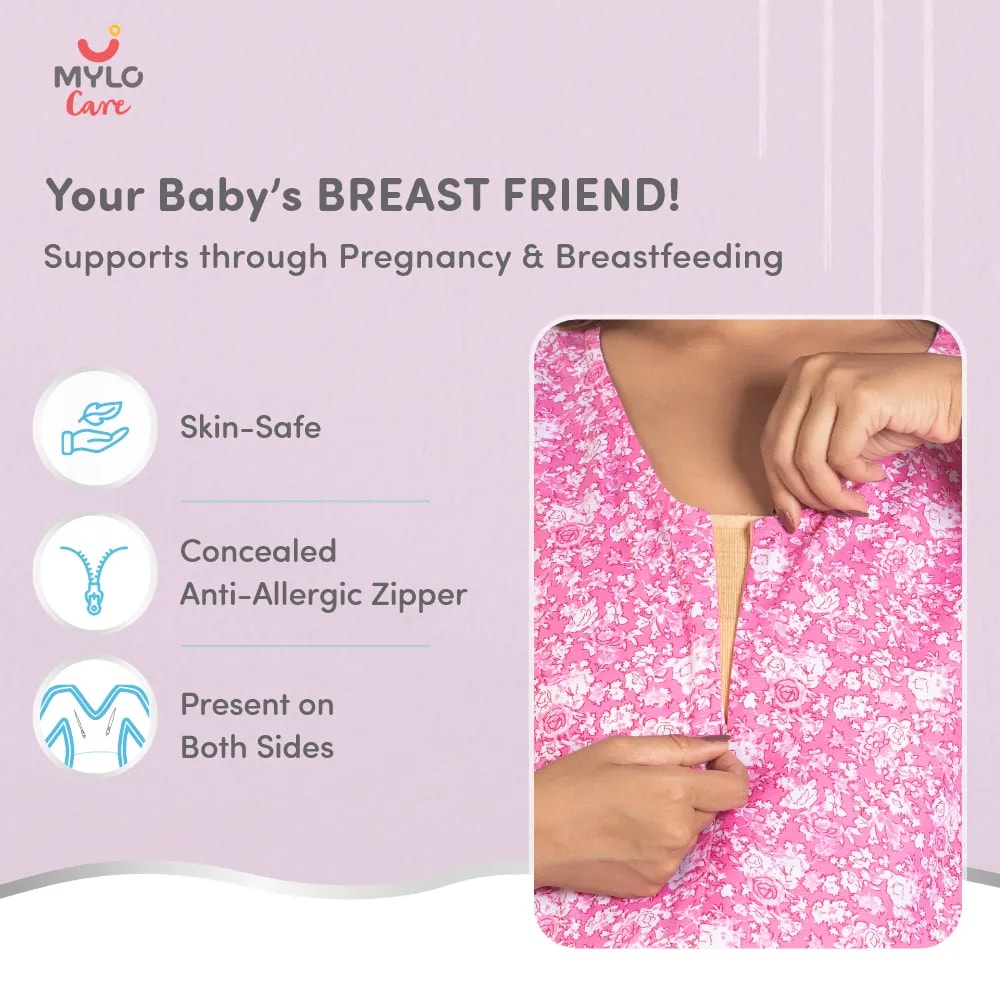 Maternity Dresses For Women with Both Side Zipper For Easy Feeding | Adjustable Belt for Growing Belly | Maxi Nighty Dress | Pink Rose | XL