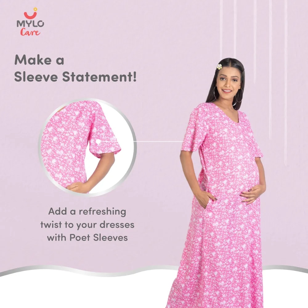 Maternity Dresses For Women with Both Side Zipper For Easy Feeding | Adjustable Belt for Growing Belly | Maxi Nighty Dress | Pink Rose | XL