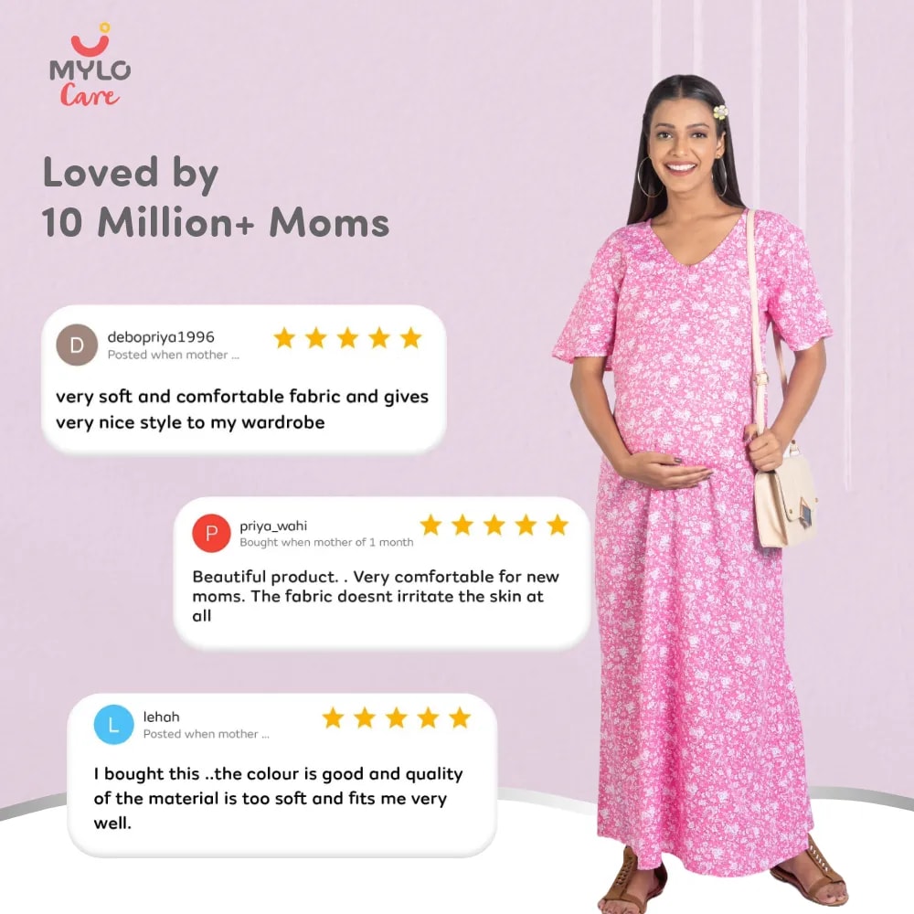 Maternity Dresses For Women with Both Side Zipper For Easy Feeding | Adjustable Belt for Growing Belly | Maxi Nighty Dress | Pink Rose | XXL