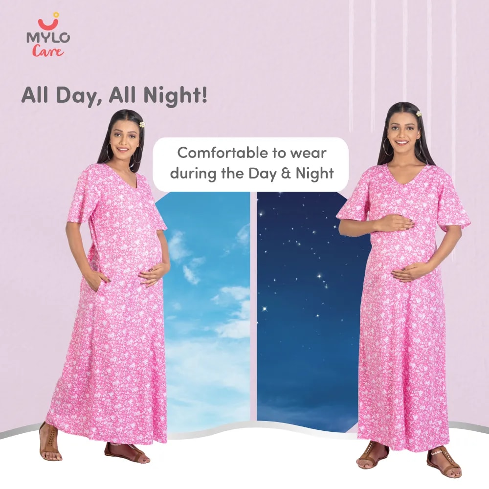 Maternity Dresses For Women with Both Side Zipper For Easy Feeding | Adjustable Belt for Growing Belly | Maxi Nighty Dress | Pink Rose | XXL