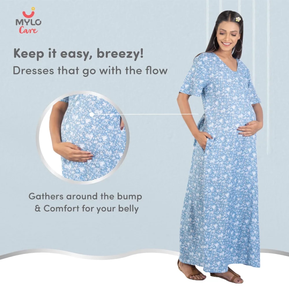 Maternity Dresses For Women with Both Side Zipper For Easy Feeding | Adjustable Belt for Growing Belly | Maxi Nighty Dress | Blue Rose | M