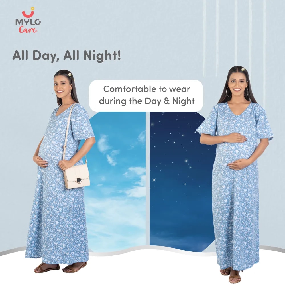 Maternity Dresses For Women with Both Side Zipper For Easy Feeding | Adjustable Belt for Growing Belly | Maxi Nighty Dress | Blue Rose | M
