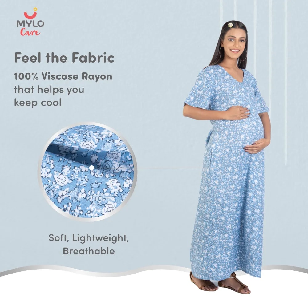 Maternity Dresses For Women with Both Side Zipper For Easy Feeding | Adjustable Belt for Growing Belly | Maxi Nighty Dress | Blue Rose | M