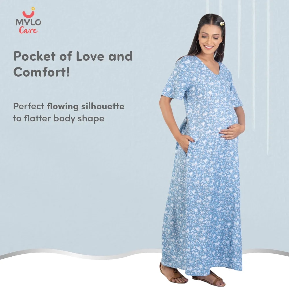 Maternity Dresses For Women with Both Side Zipper For Easy Feeding | Adjustable Belt for Growing Belly | Maxi Nighty Dress | Blue Rose | XXL