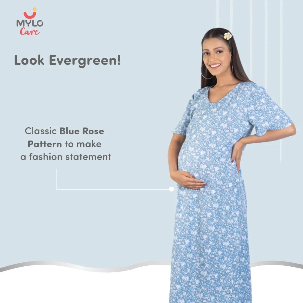 Maternity Dresses For Women with Both Side Zipper For Easy Feeding | Adjustable Belt for Growing Belly | Maxi Nighty Dress | Blue Rose | XXL