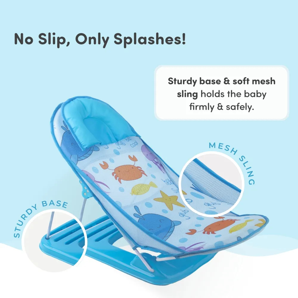 Bath Seat | Baby Bath Chair with 3 Adjustable Positions | Cushioned Headrest & Footrest | Easy to Fold with Washable Soft Mesh | 0-18 Months - Blue Ocean