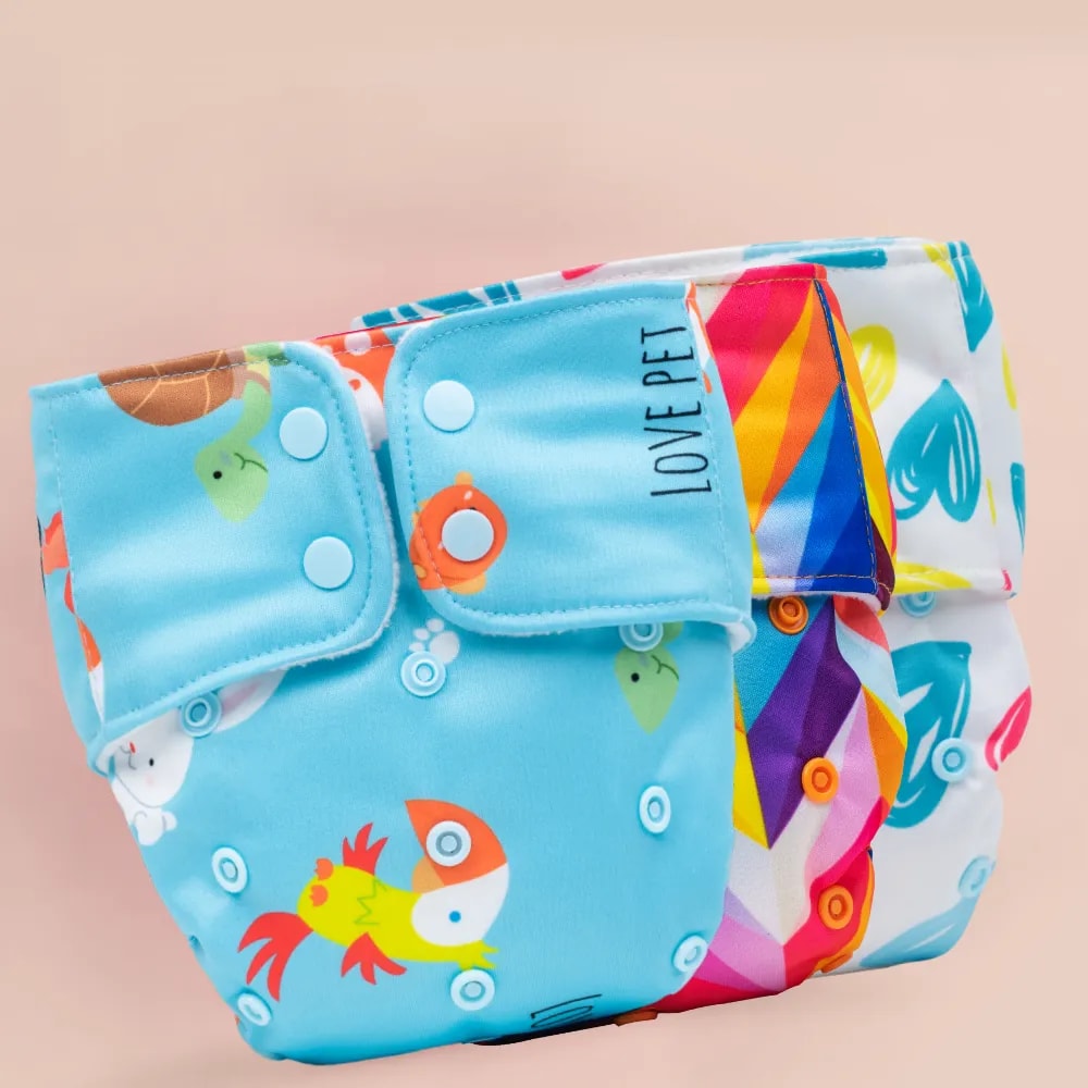 Adjustable & Reusable Cloth Diaper - Rainbow, Heart Doodles & Pet Love - Pack of 3