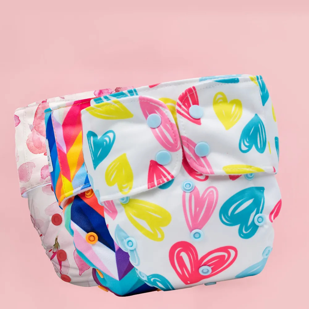 Adjustable & Reusable Cloth Diaper - Cherry Blossom, Heart Doodles & Pet Love - Pack of 3