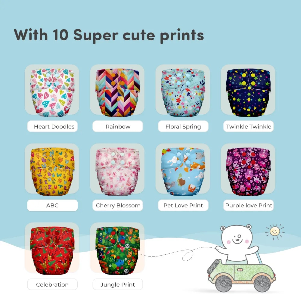 Adjustable Washable & Reusable Cloth Diaper With Dry Feel, Absorbent Insert Pad (3M-3Y) Prevents Rashes - Floral Spring - Pack of 1