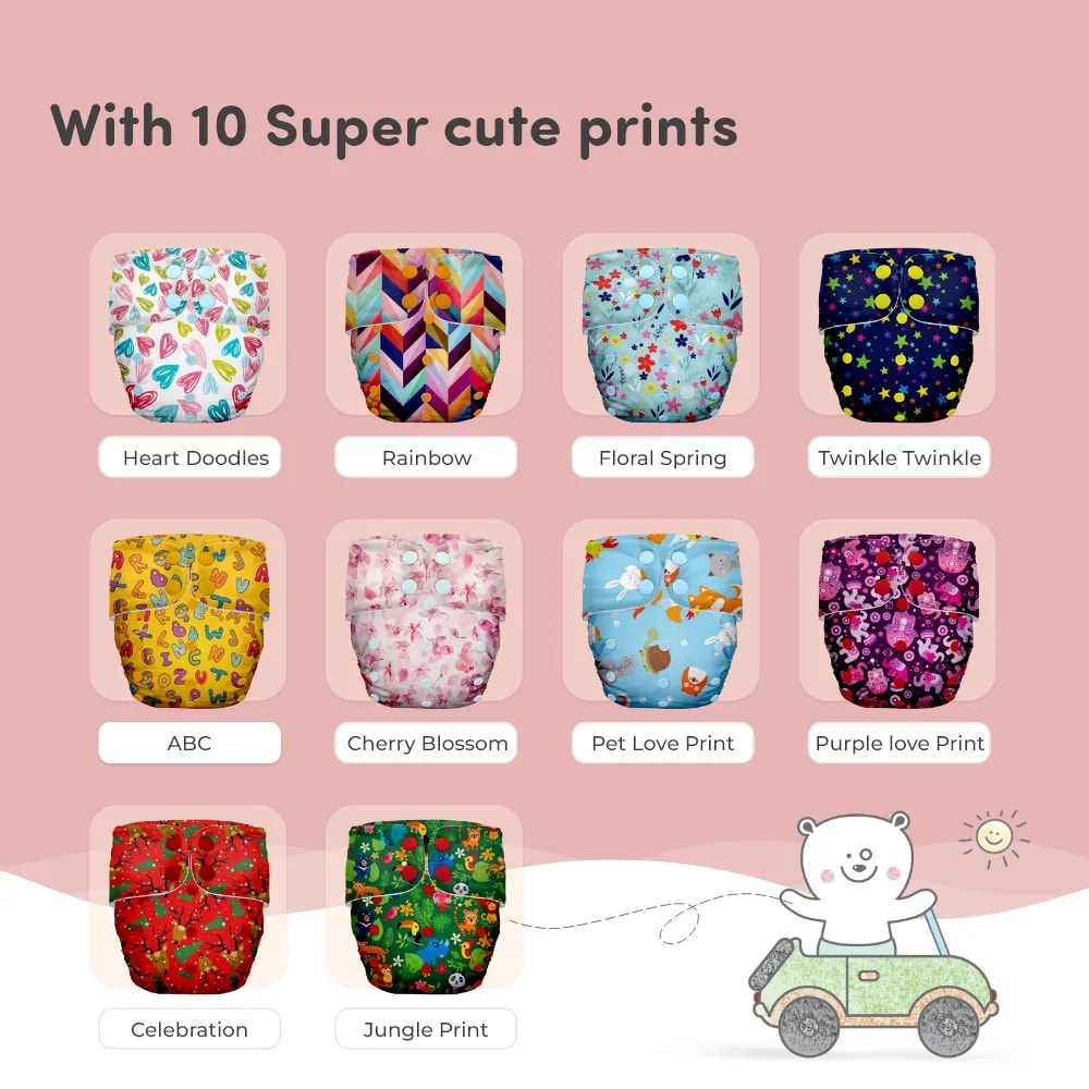 Adjustable Washable & Reusable Cloth Diaper With Dry Feel, Absorbent Insert Pad (3M-3Y) | Oeko-Tex Certified | Prevents Rashes - Celebration - Pack of 1