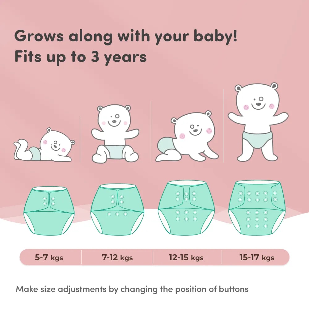 Adjustable Washable & Reusable Cloth Diaper With Dry Feel, Absorbent Insert Pad (3M-3Y) | Oeko-Tex Certified | Prevents Rashes - Celebration - Pack of 1