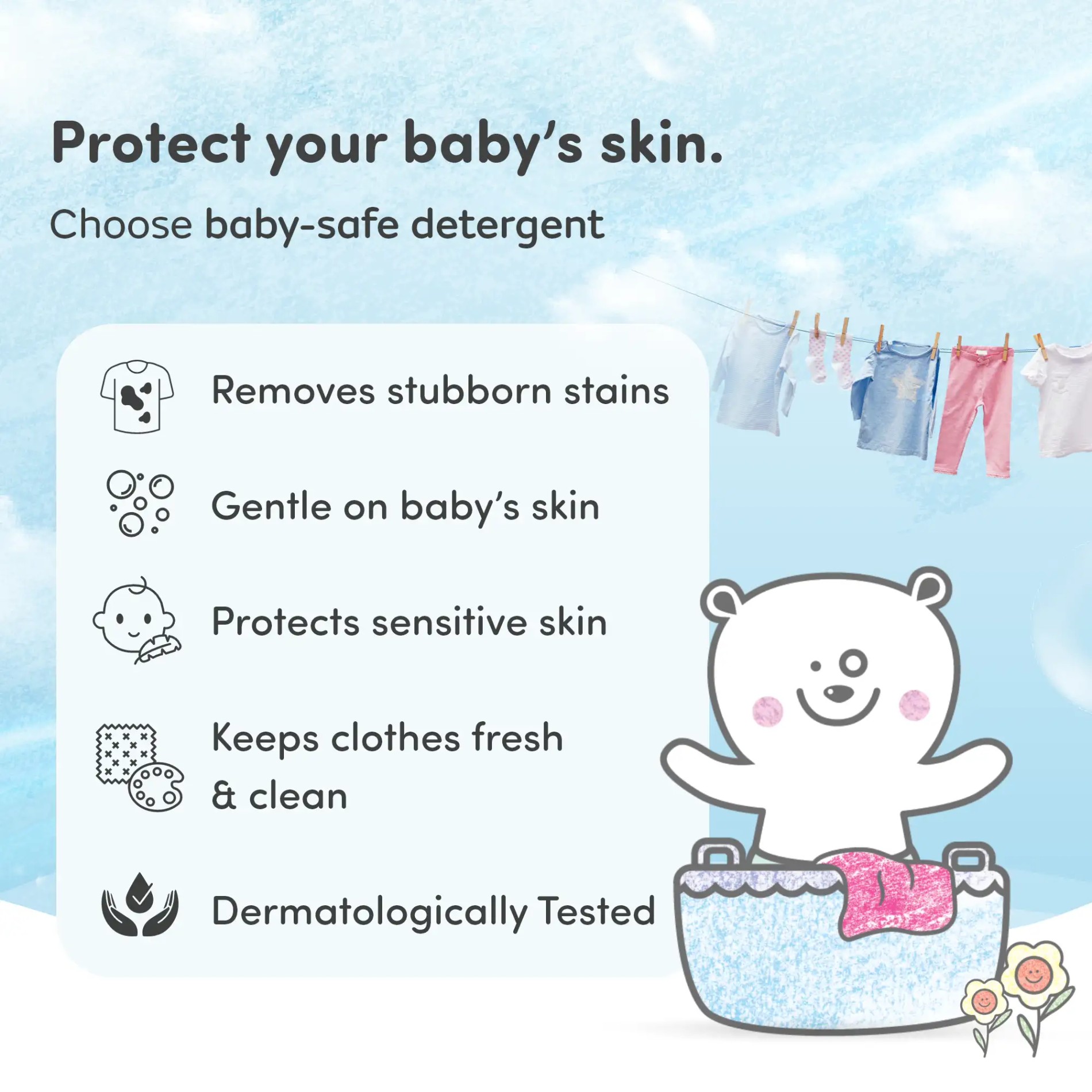 Safe Wash Liquid Detergent for Baby Clothes | Tough on stains | Gentle on clothes | Keeps Color & Softness Intact | Suitable for Front & Top Load Washing Machine | 1 litre