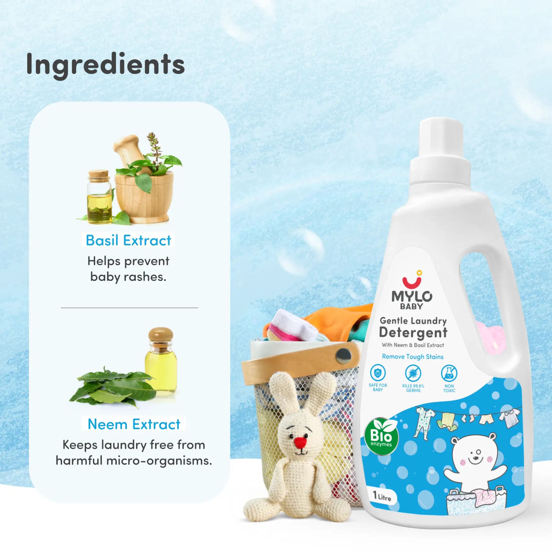 Safe Wash Liquid Detergent for Baby Clothes | Tough on stains | Gentle on clothes | Keeps Color & Softness Intact | Suitable for Front & Top Load Washing Machine | 1 litre