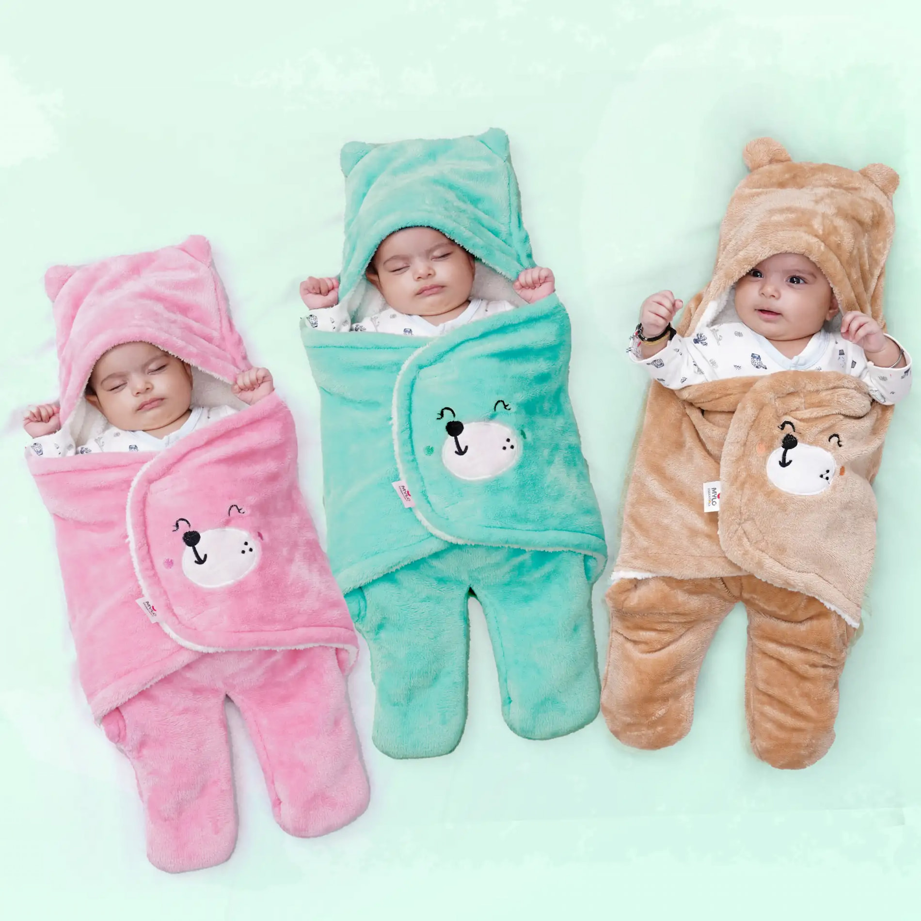 Baby Wrapper for New Born | Baby Swaddling Wrapper | 4-in-1 All Season AC Blanket cum Sleeping Bag for Baby 0-6 Months - Light Pink, Light Brown & Mint Green