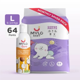 Super Saver Combo - Baby Diaper Pants Large (L) 9-14 kgs- (64 count) Leak Proof+ Extra Virgin Coconut Oil (200ml)