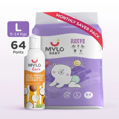 Super Saver Combo - Baby Diaper Pants Large (L) 9-14 kgs- (64 count) Leak Proof+ Extra Virgin Coconut Oil (200ml)