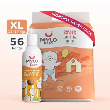Super Saver Combo - Baby Diaper Pants Extra Large (XL) 12-17 kgs- (56 count) Leak Proof+ Extra Virgin Coconut Oil (200ml)