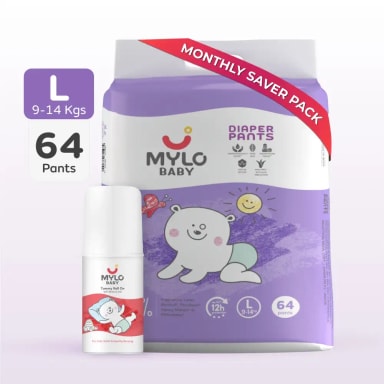Super Saver Combo - Baby Diaper Pants Large (L) Size 9-14 kgs (64 count) Leak Proof + Tummy Roll On For Baby For Gas & Colic - 40 ml