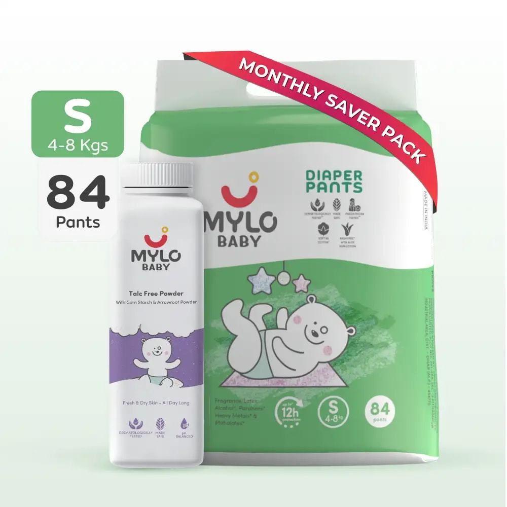 Baby Diaper Pants Small (S) Size 4-8 kgs (84 count) + Baby Powder - 300 gm