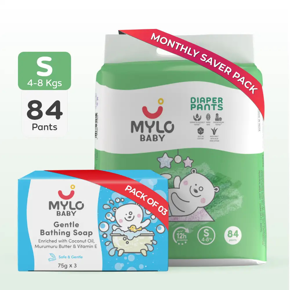 Baby Diaper Pants Small (S) Size 4-8 kgs (Jumbo Pack) + Baby Soap (Pack of 3)